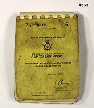 RAAF check list, loading Mirage Aircraft.