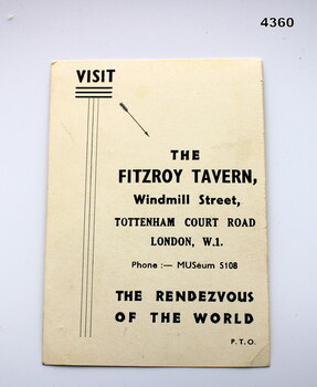 Advertising card for Fitzroy Tavern London