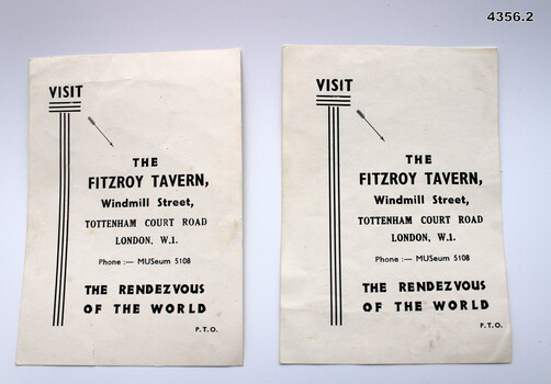 Advertising card for the Fitzroy Tavern London