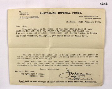 Letter regarding a soldiers grave WW1