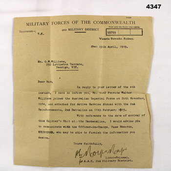 Letter relating to the embarkation of a soldier