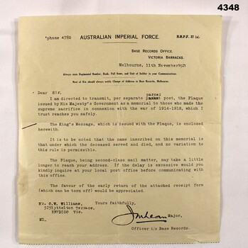 Letter AMF relating to a Memorial plaque