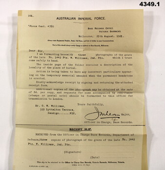 Letter and envelope regarding a grave photo.