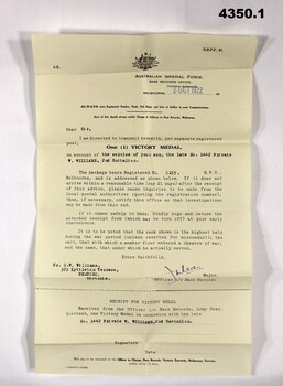 Official AMF letter and regarding a Victory medal