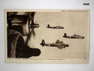 Postcard featuring a flight of Stirling Bombers
