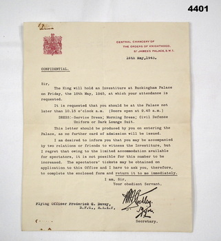 Invitation to attend ceremony at Buckingham Palace.
