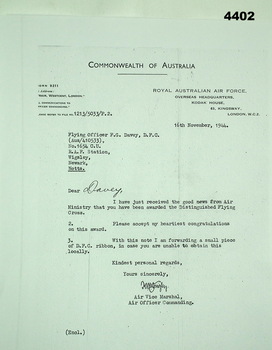 Photocopied letter of congratulations to F.G. Davey on receiving the DFC.