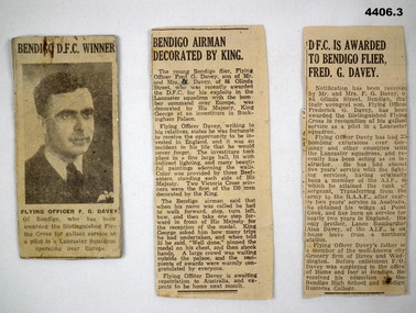 Set of three newspaper cuttings detailing F.G. Davey receiving the DFC.
