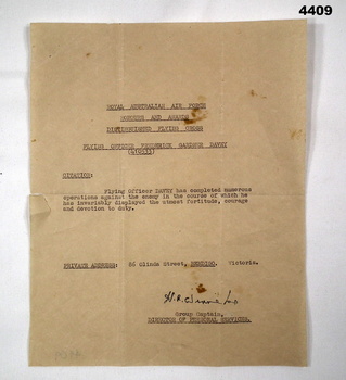Distinguished Flying Cross citation issued by the RAAF.