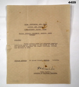 Distinguished Flying Cross citation issued by the RAAF.