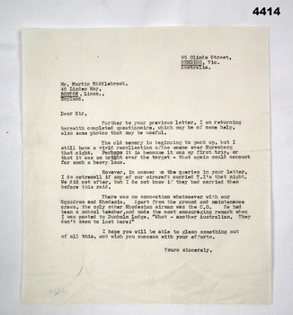 Letter from F.G. Davey to Martin Middlebrook.