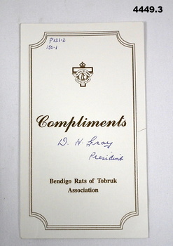 Compliments card from the Rats of Tobruk 