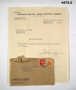 Request for Harvest leave Australia 1941