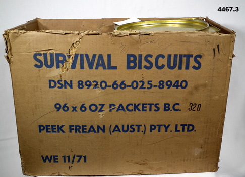 Survival biscuits in tins in cardboard box, c. 1971