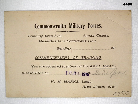 Post card advising of Training commencement 1915