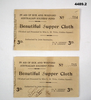 Two tickets in aid of wounded Australian soldiers.