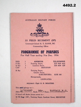 Programme of Parades 22 Field Regiment