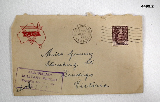 YMCA envelope with passed by censor stamp