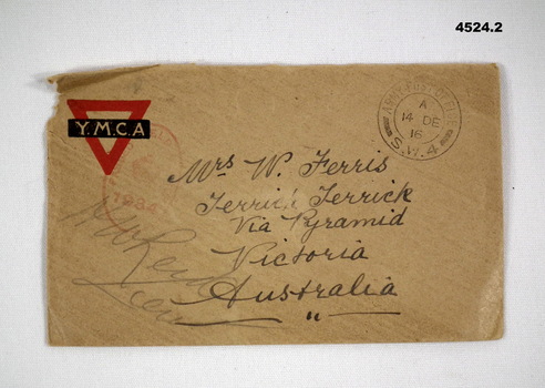 YMCA envelope and letter 1916