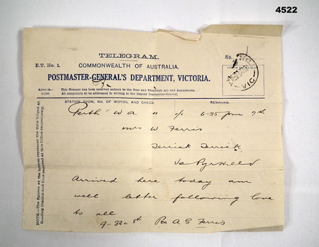 Telegram sent from Perth by Alf Ferris