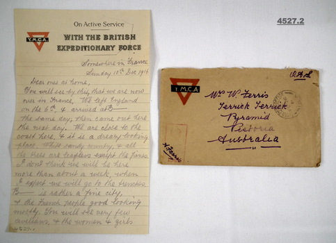 Letter and envelope sent from France 1916