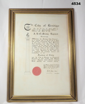 Freedom of entry to Bendigo, framed certificate