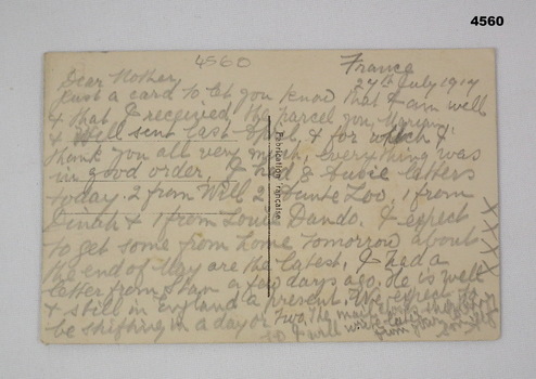 Rear of post card sent from France