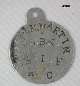 One single aluminium Identity disc WW1