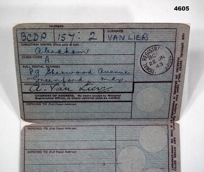 National Registration Identity card - Abraham Van Lier.