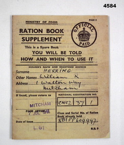 Ration book supplement Australia WW2