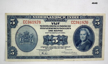 Five Roepiah currency note Dutch 1943