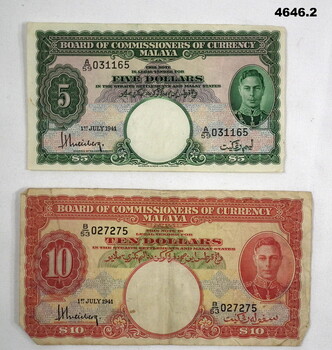Two notes, five and ten dollars Malayan 1941