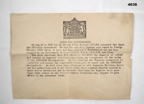 Document relating to the Japanese surrender WW2