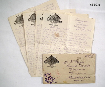 Four page letter and envelope on Comforts fund stationary 