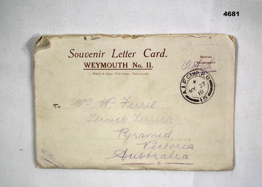 Souvenir letter card from Weymouth England 1919