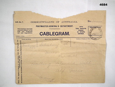Cablegram sent from Salisbury by Alf Ferris