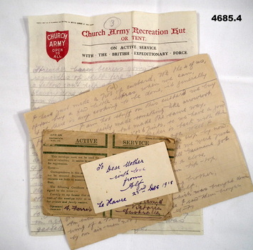 Assorted correspondence from Alf Ferris in WW1.