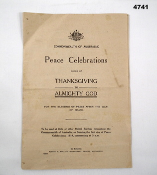 Pamphlet re Peace celerbrations and Thanksgiving.