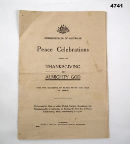 Pamphlet re Peace celerbrations and Thanksgiving.
