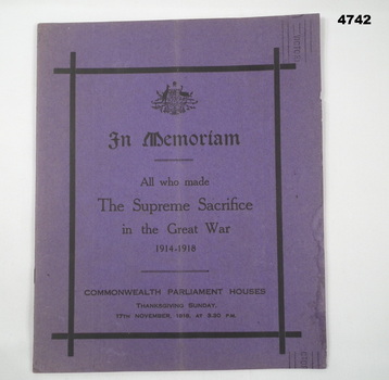 Booklet re Thanksgiving in Nov 1918