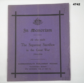 Booklet re Thanksgiving in Nov 1918