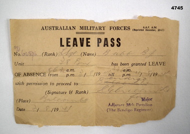 Leave pass issued in 1941