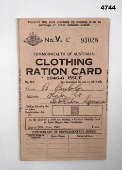Clothing Ration card issued for 1945 - 6