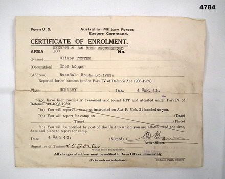 Certificate of enrolment into Australian Military Forces.