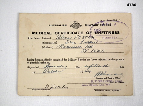 Certificate of medical unfitness Australian Forces