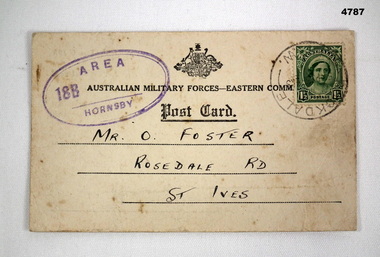 Military Post card relating to a medical examination.