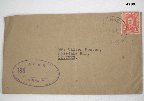 Brown envelope with red stamp Area 18B Hornsby