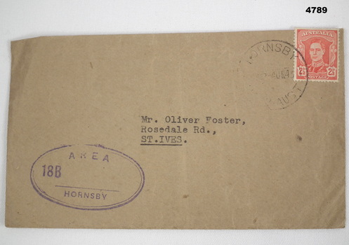 Brown envelope with red stamp Area 18B Hornsby
