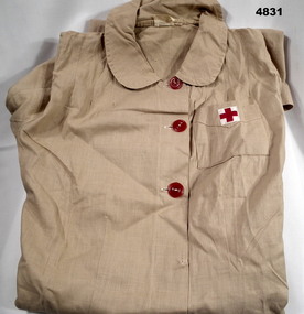 Khaki Red Cross Dress with red buttons.