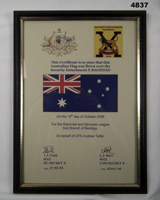 Certificate documenting  provenance of a flag.
